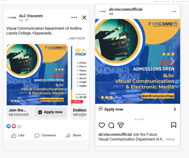 ALC Viscomm Facebook and Instagram ads for 2023 admissions to B.Sc Visual Communication and Electronic Media at Andhra Loyola College