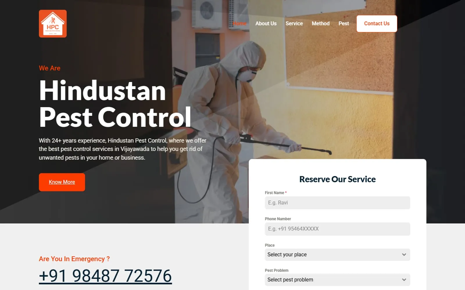 Homepage of the Hindustan Pest Control website, showing the company name and a service booking form