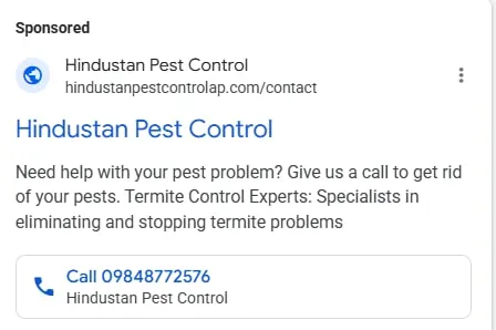 Hindustan Pest Control sponsored Google search ad for termite control with a call button