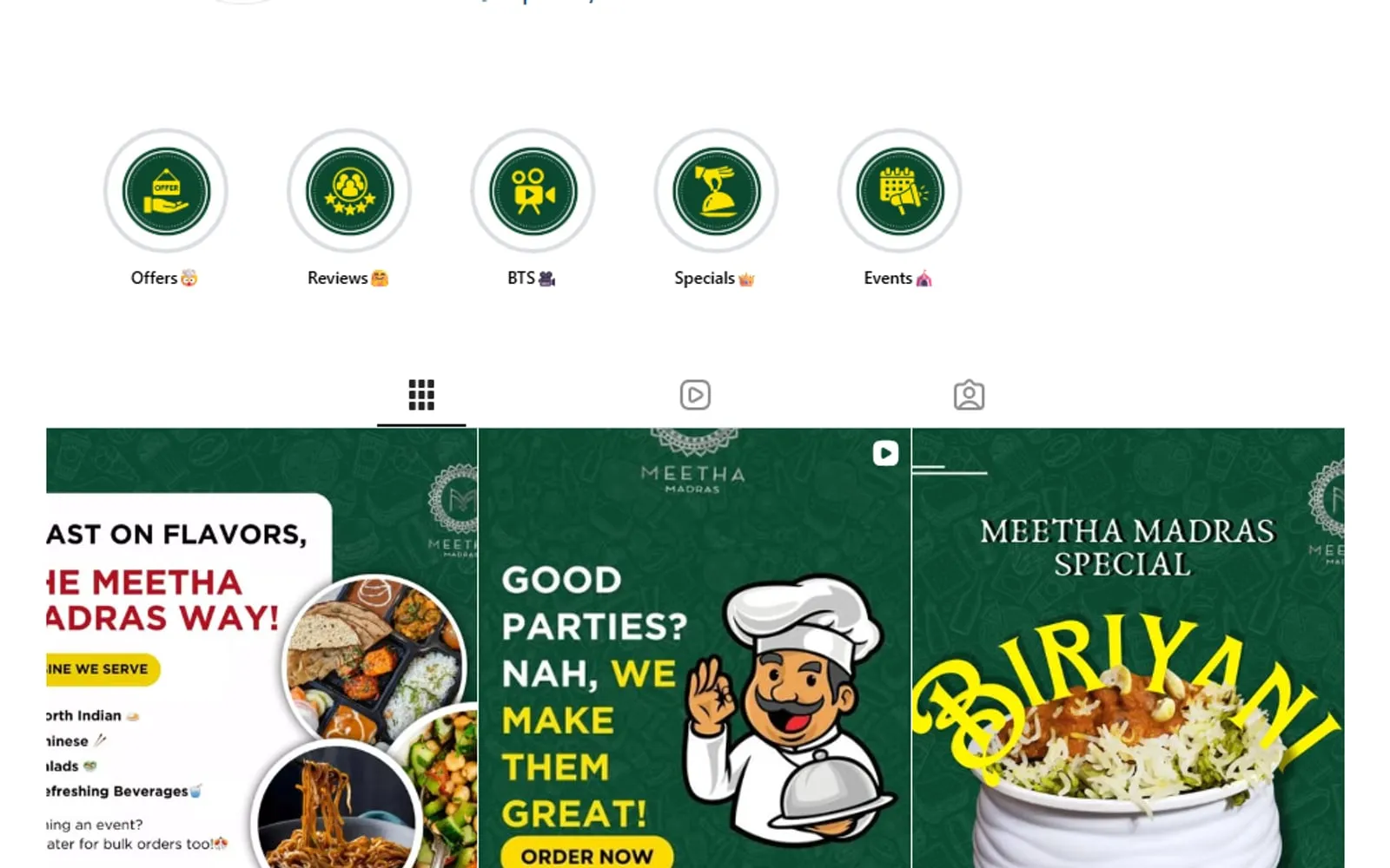 Meetha Madras Instagram feed with story highlights for offers, reviews and specials, and branded posts for biryani and party catering
