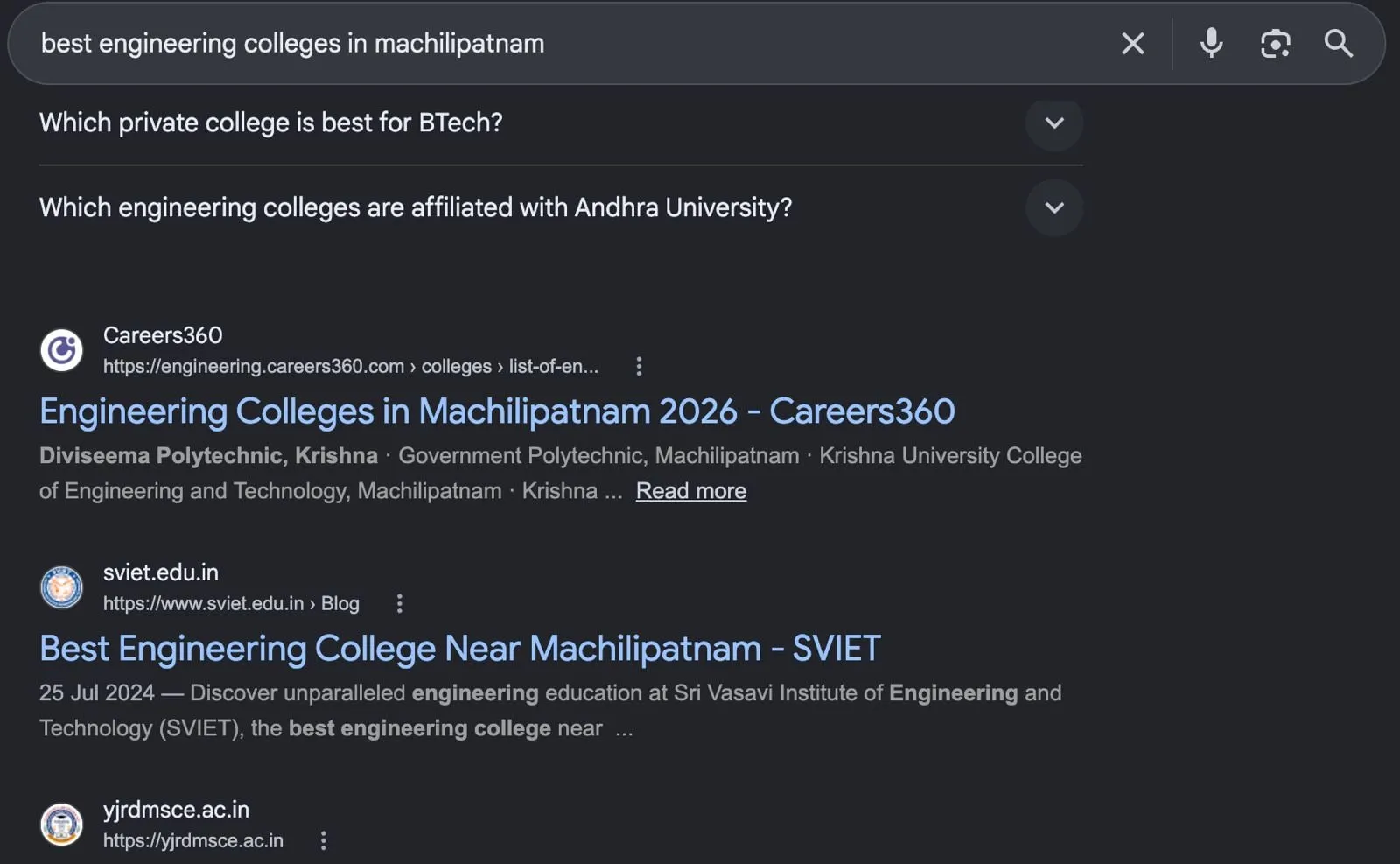Google Search results for best engineering colleges in Machilipatnam showing the SVIET blog page as the second organic result after Careers360