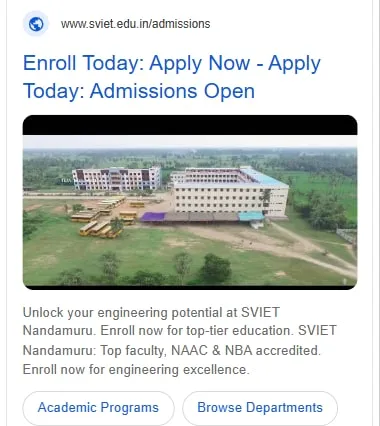 SVIET Google video ad: Enroll Today, Admissions Open, with aerial campus video